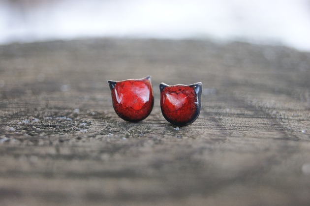 kolczyki ceramiczne Małe Kocie Główki "Czerwony Mruk" kolczyki ceramiczne