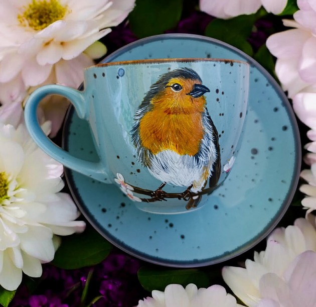 filiżanki Rudzik filiżanka i spodek ręcznie malowane