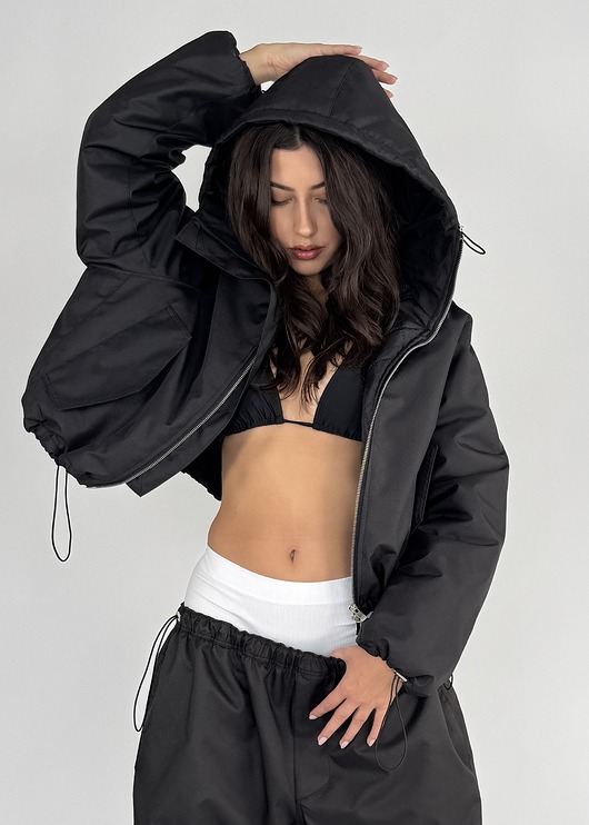 kurtki damskie Krótka kurtka hoodie bomber czarna