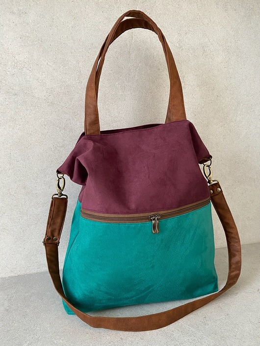 torby na ramię Duża torba z zapinaną kieszenią -  oberżyna, zieleń, koniak