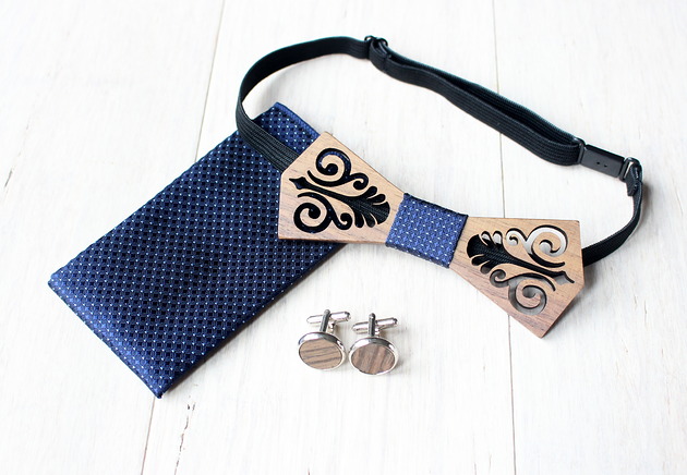 muszki i krawaty Zestaw z drewnianą muszką FOLK granat