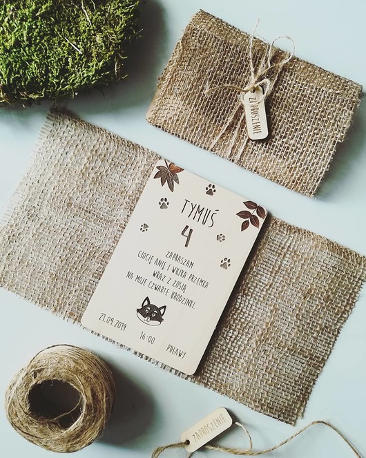 kartki, zaproszenia na chrzest Drewniane ZAPROSZENIE LEŚNE NA CHRZEST, URODZINY