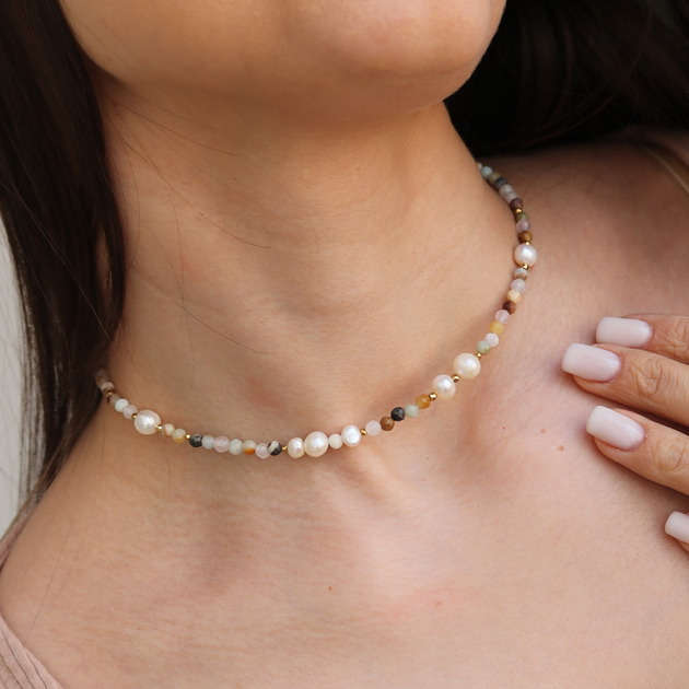 chokery Choker/ naszyjnik z amazonitów i pereł naturalnych- srebro 925 pozłacane