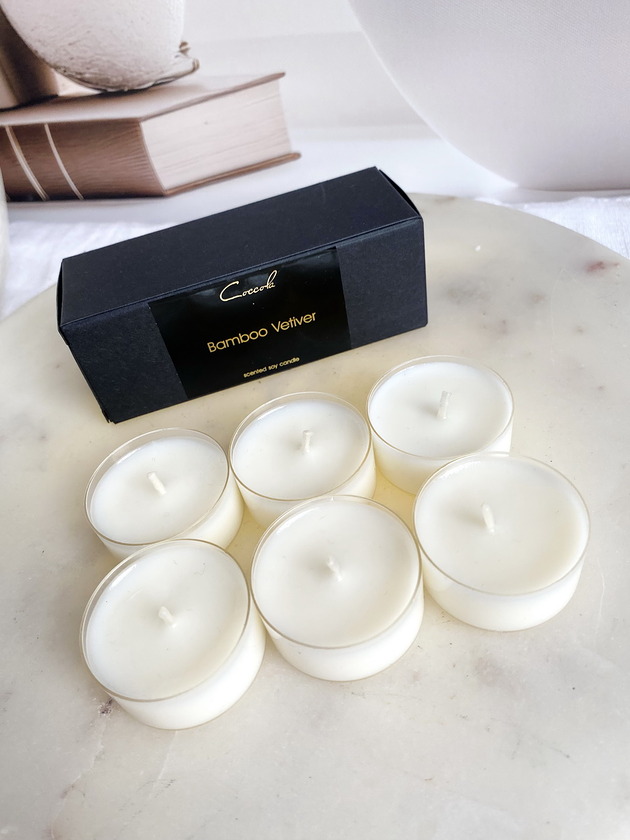 świeczniki i świece Bamboo Vetiver 6 szt podgrzewaczy/ tealight 85g- wosk sojowy