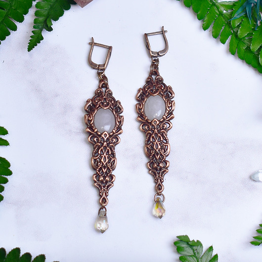 kolczyki z miedzi Wiktoriańskie miedziane kolczyki z różowym kwarcem #S12