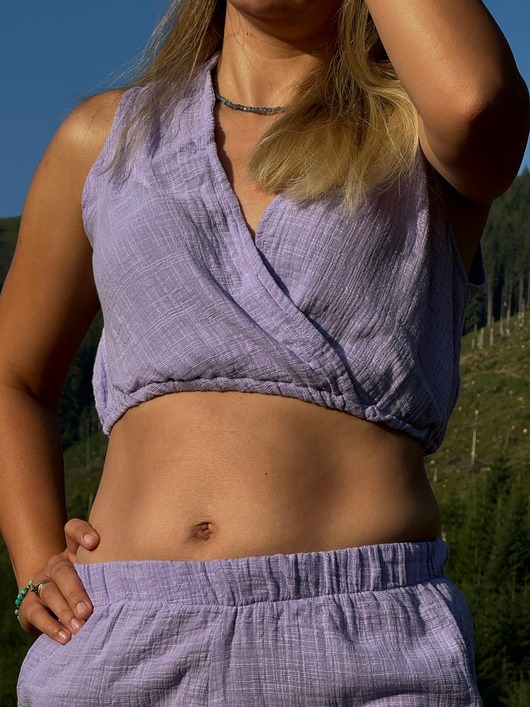 topy damskie Fioletowy top BOHO z lnianego muslinu