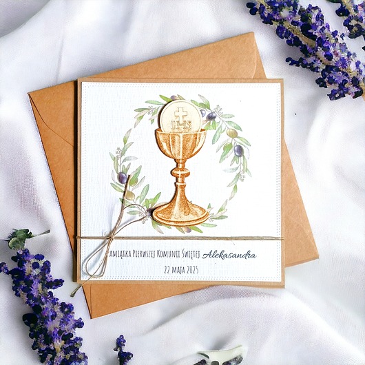kartki na komunię Kartka, PERSONALIZACJA : I Komunia Święta : oliwki: kielich.