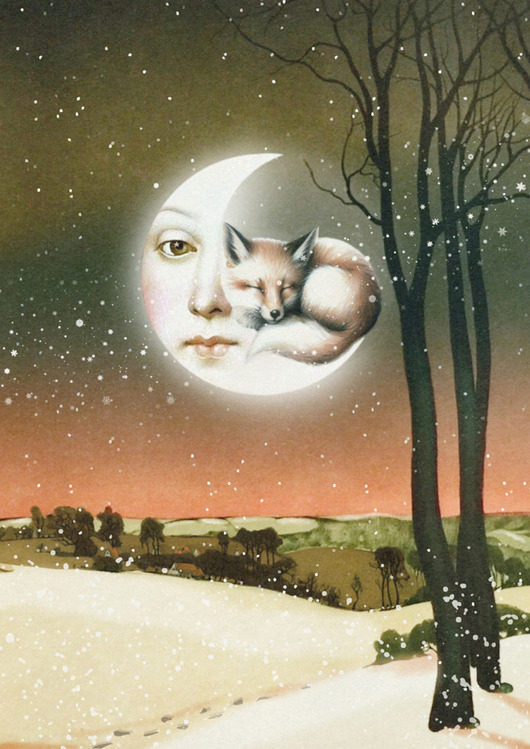 plakaty Plakat Fine Art giclee kolaż Zimowy Krajobraz z Księżycem i Lisem