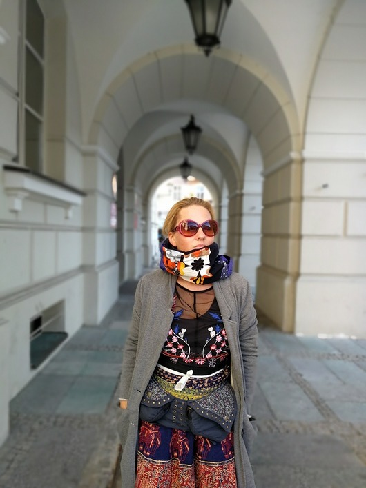 kolorowy patchworkowy komin etno boho dzianina  ruda klara