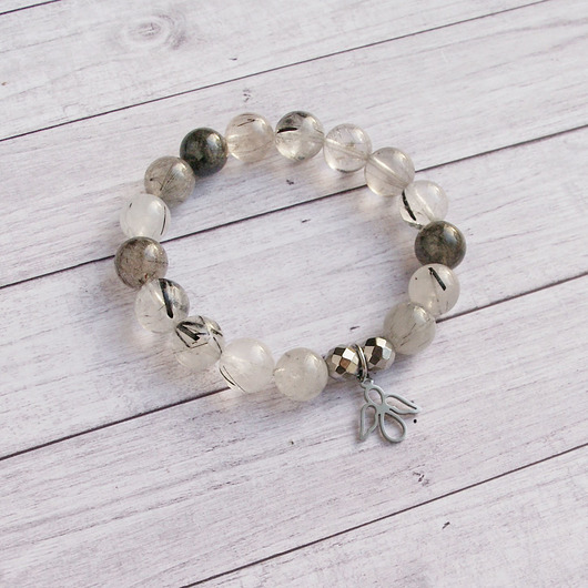 bransoletki z kamieni naturalnych ANIOŁEK : kwarc z turmalinem & stal szlachetna