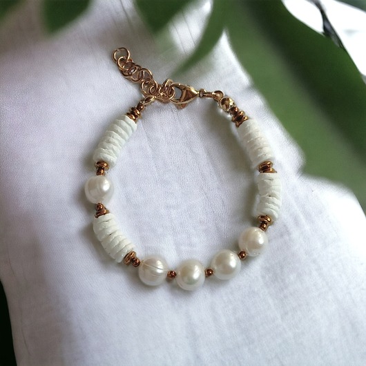 bransoletki z kamieni naturalnych LIMITOWANA bransoletka : kolekcja summer white : PERŁY & MUSZLA