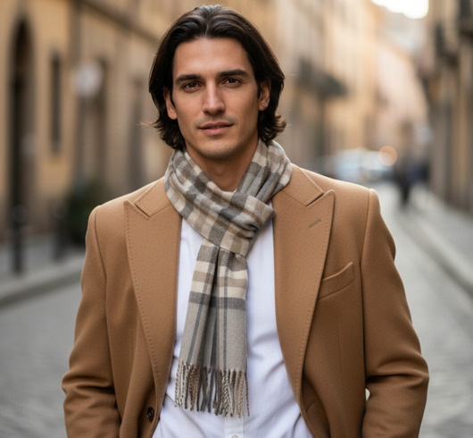 tuby i kominy Szalik Męski Beżowy Kratka Wełna