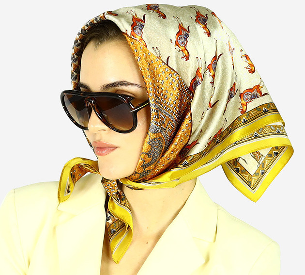 apaszki Apaszka chusta na głowę z jedwabiu Cavalli - pomarańcz i brąz