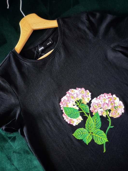 t-shirt damskie Koszulka t-shirt ręcznie malowana HORTENSJA