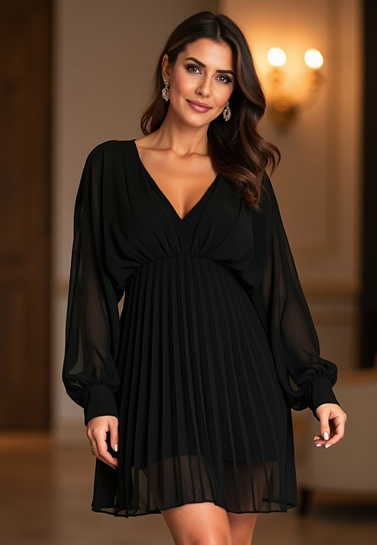 sukienki midi damskie Elegancka sukienka midi z dekoltem w serek i bufiastymi rękawami - M1165