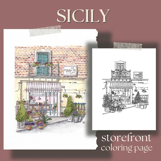 kartki okolicznościowe - wydruki Sycylia, urocza kwiaciarnia , kolorowanka dla dorosłych, do wydruku