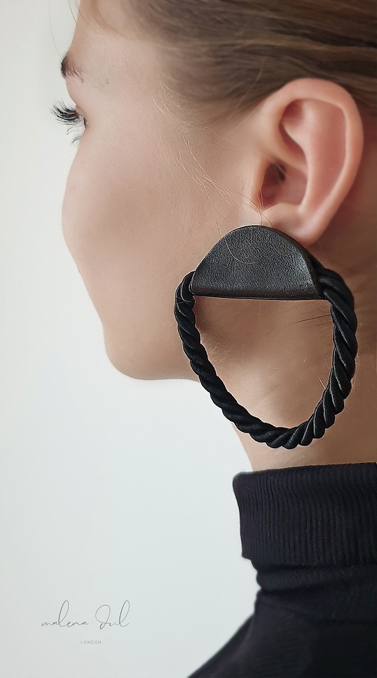 kolczyki - inne Kolczyki rope, bransoletka i pierscionek czarne z gładkiej skóry
