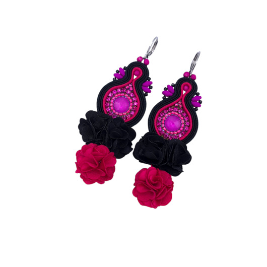 kolczyki soutache Kolczyki sutasz boho z kwiatami czarno fuksjowe eleganckie Arcadia