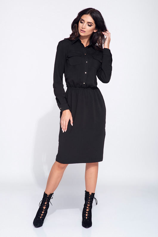 sukienki midi damskie Czarna sukienka z koszulową górą