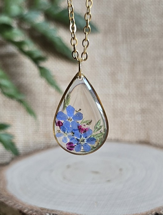 wisiory Złoty wisiorek prawdziwe kwiaty zawieszka łezka łza niezapominajki