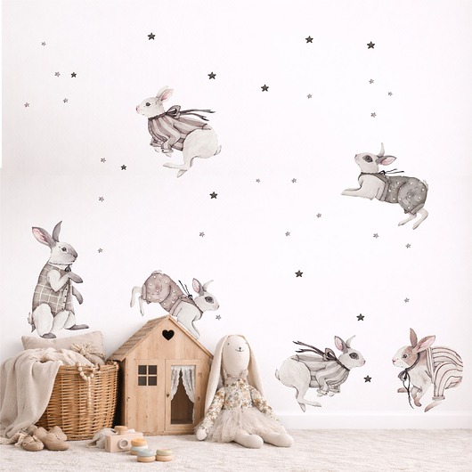 naklejki ścienne do pokoju dziecka Króliczki Retro, gwiazdki   Naklejka na ścianę, naklejka ścienna