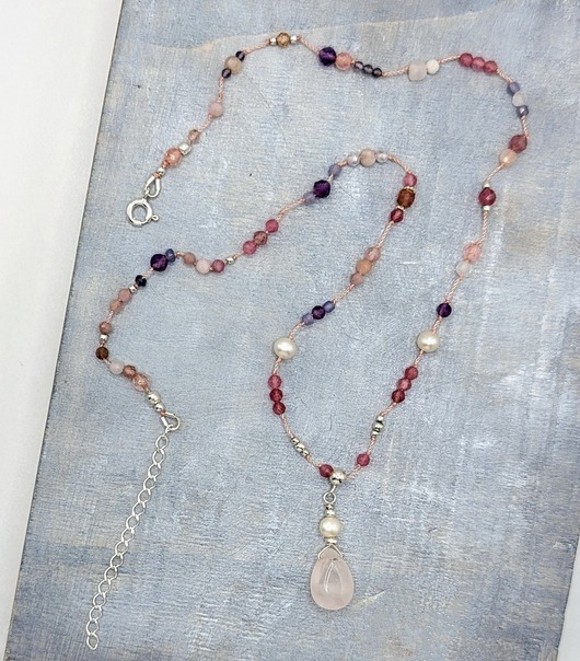 srebrne naszyjniki Kwarc różowy, turmalin, opal - naszyjnik znaków ziemii i powietrza