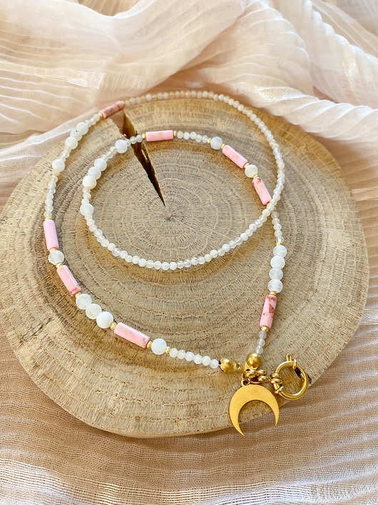 korale Naszyjnik z kamieni naturalnych biało różowy 67 cm