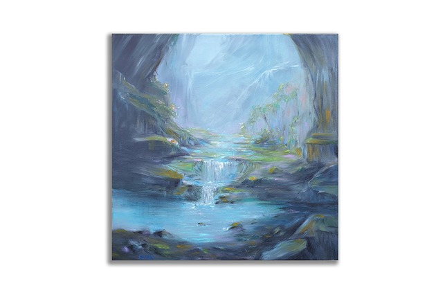 obrazy Obraz olejny 50x50 cm Wodospad Pejzaż górski oryginalny autorski