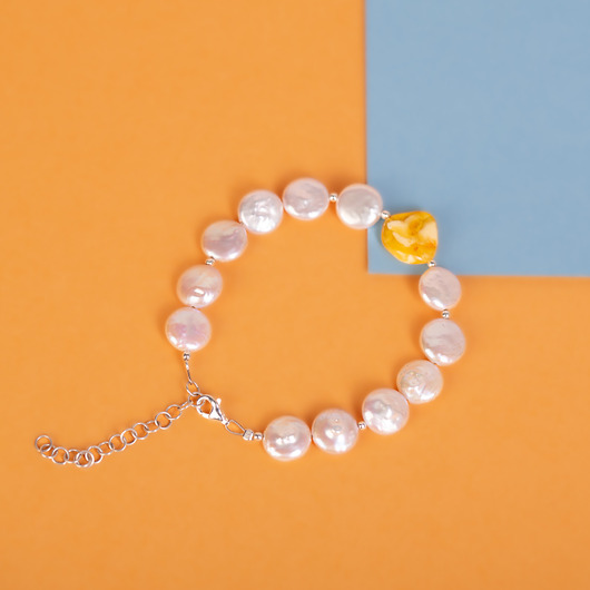 bransoletki - inne Bransoletka perły z bursztynem