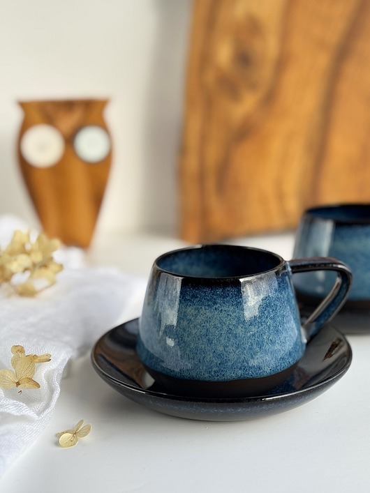 filiżanki Zestaw dla dwojga - 2 niebieski filiżanki ze spodkami 250 ml - Niebo