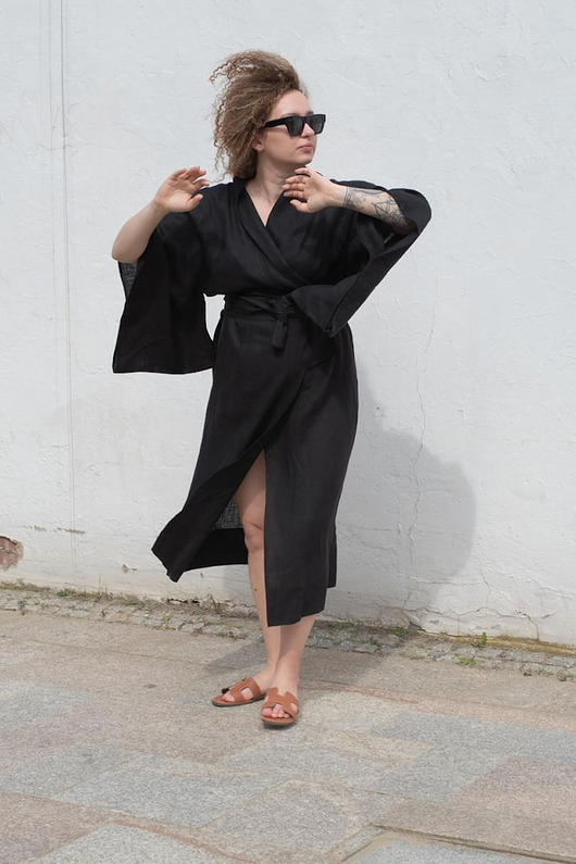 sukienki midi damskie Lniane kimono nr 8 100% LEN