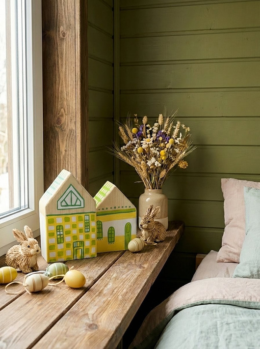 ozdoby wielkanocne Drewniane Domki Skandynawskie, zestaw wioseny - wielkanocny