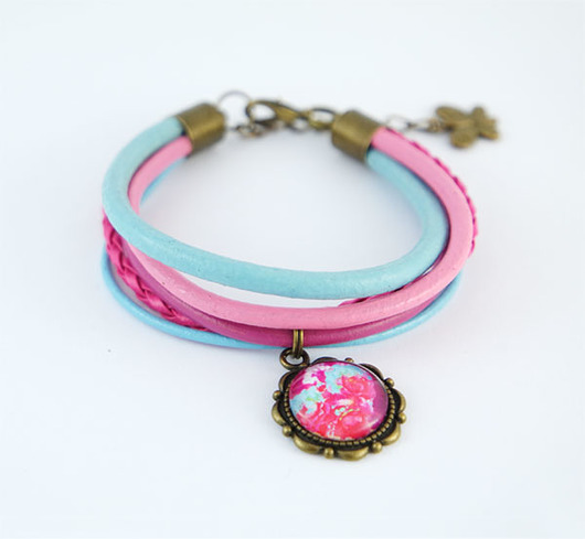 bransoletki ze szkła Bransoletka - Amarantowe róże - rzemienie