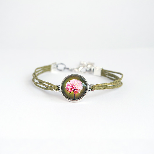 bransoletki ze szkła Bransoletka - Różowy kwiat - zielona, sznurki