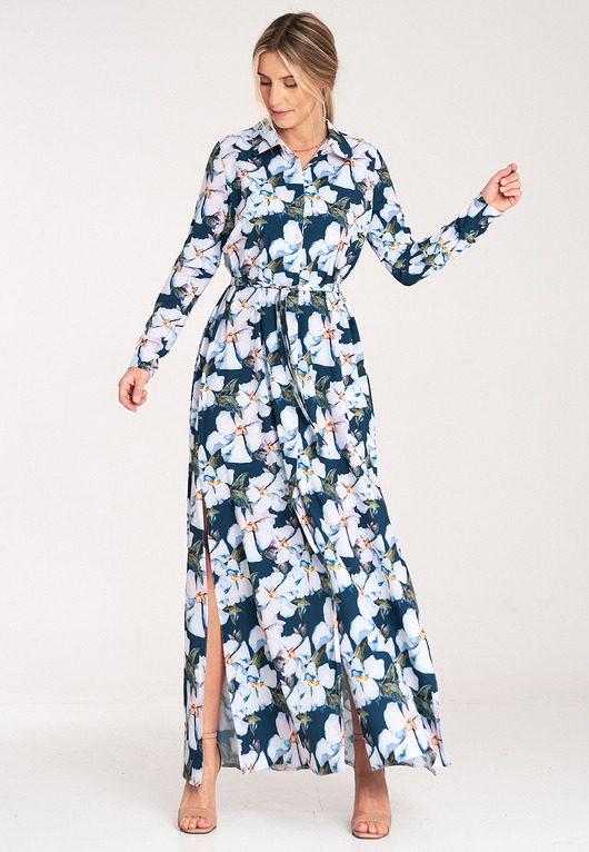 sukienki maxi damskie Elegancka sukienka koszulowa maxi z długim rękawem i guzikami - M1077