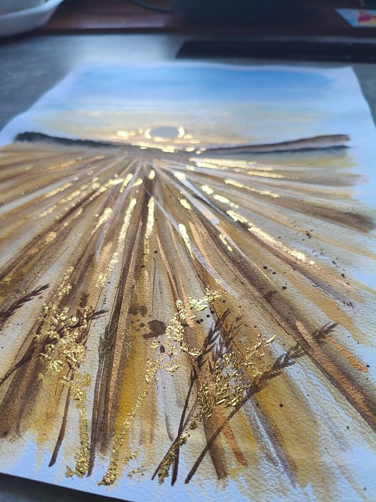 grafiki i ilustracje Akwarela Pole Zboże Zachód Słońca Krajobraz Wieś Złoto Sielanka 30x42