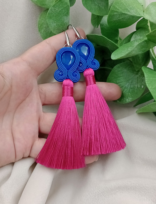 kolczyki soutache Kolczyki z chwostami kobaltowe fuksja, niebieskie chwosty, długie klipsy