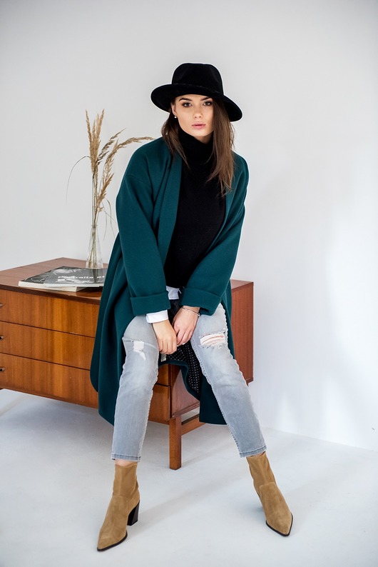 płaszcze damskie Płaszcz wełniany butelkowa zieleń WOOL& GREEN