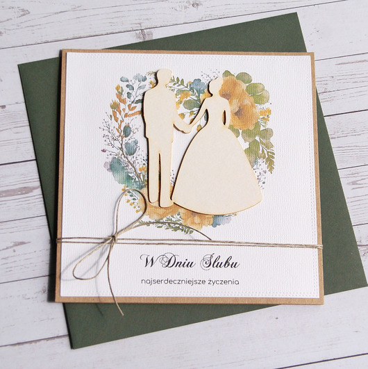 zaproszenia i kartki na ślub Kartka ślubna z życzeniami : żółto-zielona
