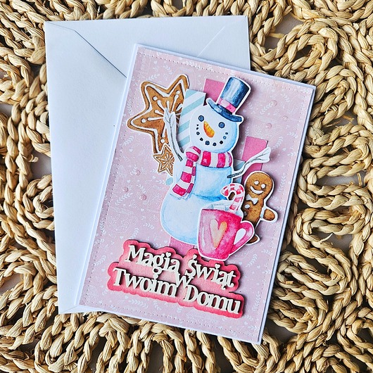 kartki świąteczne Kartka bożonarodzeniowa z bałwanem w różowym kolorze