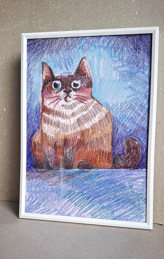 grafiki i ilustracje Kot kredkowy z niebieskim tłem