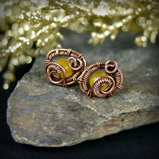 kolczyki wire wrapping Kolczyki sztyfty z żółtym jadeitem
