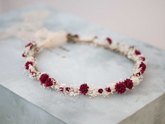 Ślubne ozdoby do włosów Delikatny wianek na głowę bordo i krem