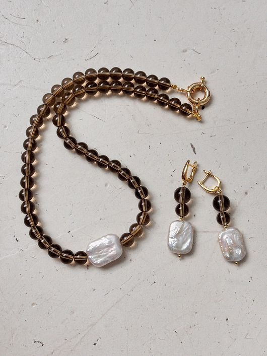 złote naszyjniki Naszyjnik Kwarc Dymny z perłą