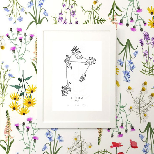 plakaty Plakat  Znaki Zodiaku Waga Libra - kwiatowa konstelacja gwiazd