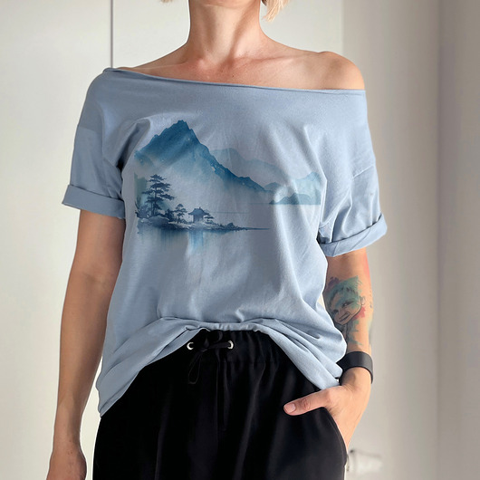 t-shirt damskie Jezioro góry japoński krajobraz Bladoniebieski Oversize