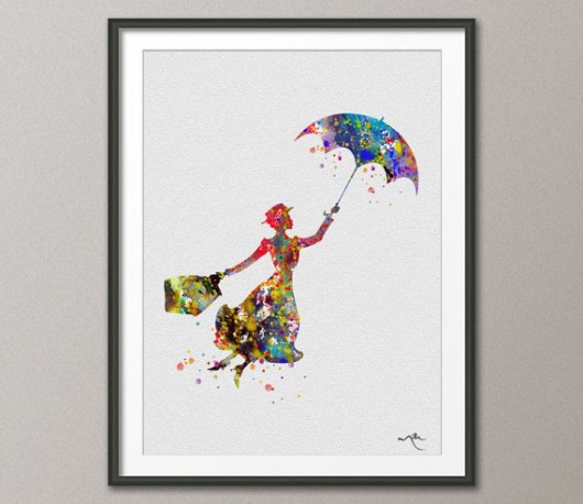 Plakat, akwarela, Mary Poppins, akwarele nkcraftstudio