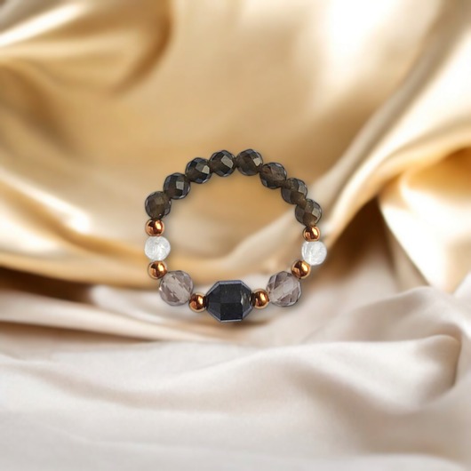 pierścionki elastyczne OCHRONA : pierścionek II - turmalin, obsydian, kwarc dymny, kryształ górski