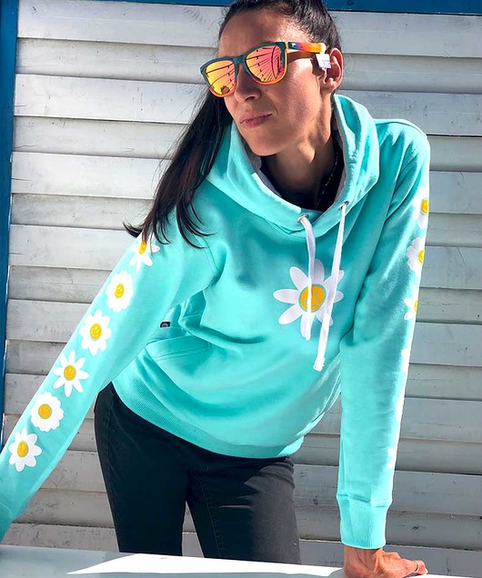 bluza z kapturem damska Mietowa bluza damska na wiosne w stokrotki