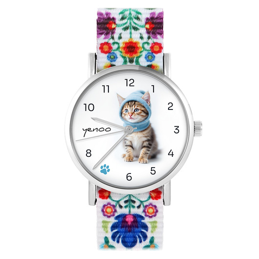 zegarki damskie Zegarek - Kotek - folk biały, nylonowy